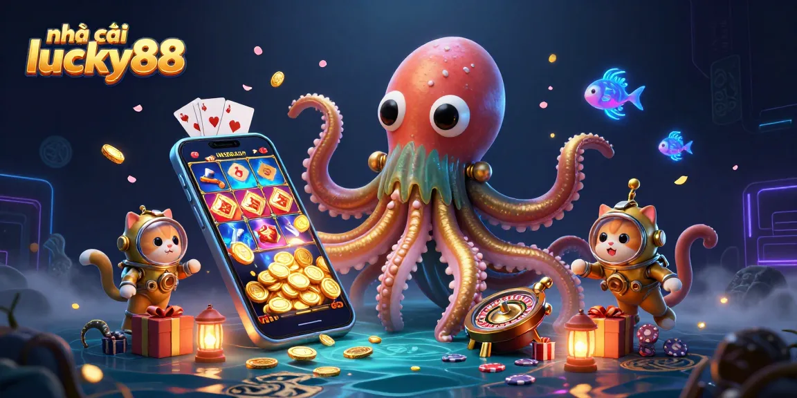 Experience thrill and excitement at nhà cái lucky88 with a vibrant underwater casino scene featuring a kraken and treasure.