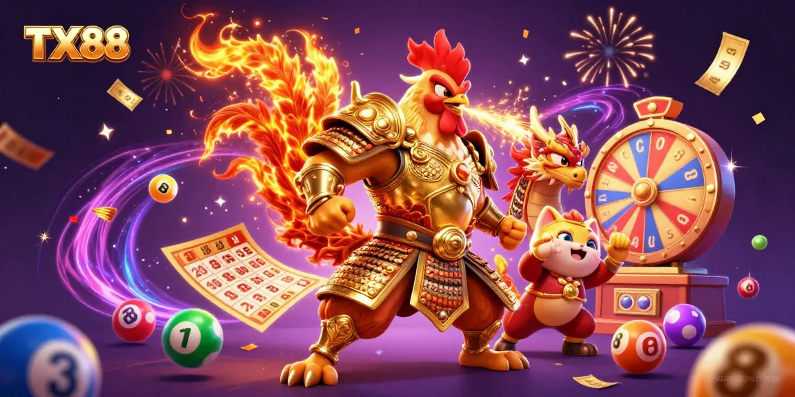 Experience the excitement of TX88 with vibrant 3D casino characters and lottery elements.