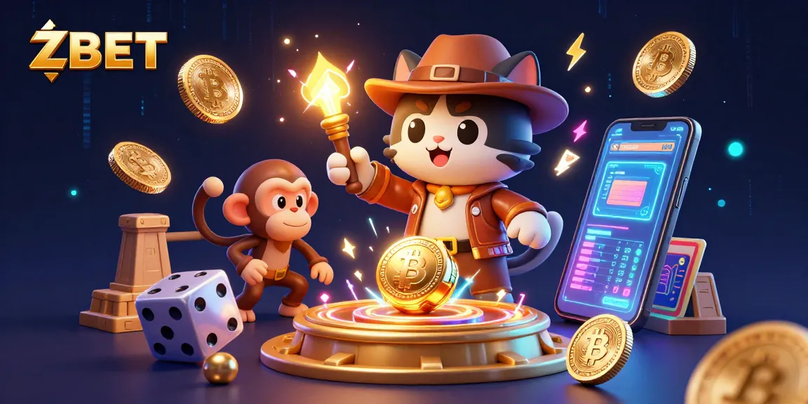 ZBET brings excitement with 3D cartoon characters exploring casino treasures and crypto elements.