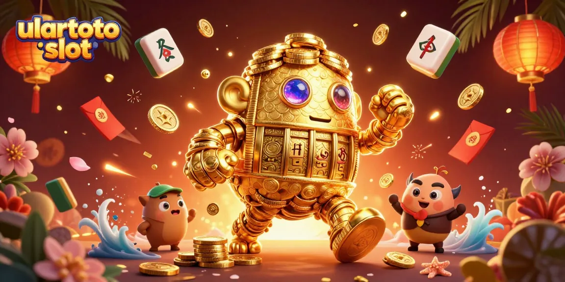 Putar ulartoto slot dengan golem emas dan simbol slot yang bersinar di tengah suasana meriah.