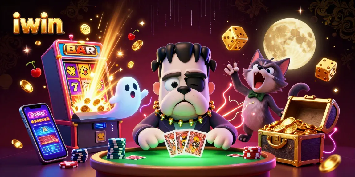 iwin slot games come alive with a Frankenstein bulldog dealing cards at a spooky casino table.