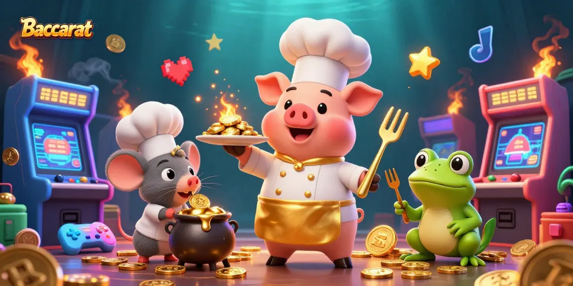 Baccarat game scene featuring a chef pig serving gold coins, surrounded by colorful arcade elements.