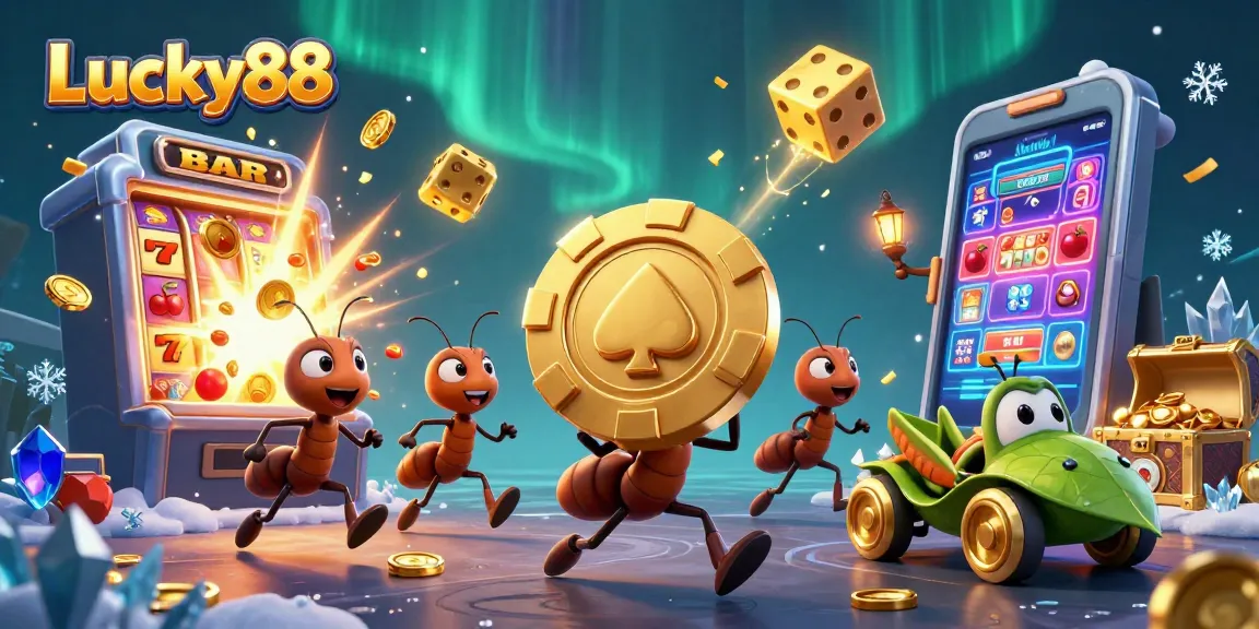 Lucky88-themed 3D cartoon illustration depicting ants carrying a giant poker chip in a vibrant casino heist scene.