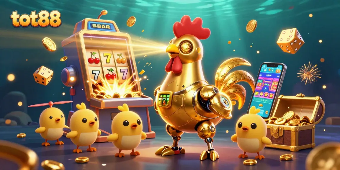tot88 thrilling jackpot scene with a golden rooster robot and baby chick drones in a colorful casino setting