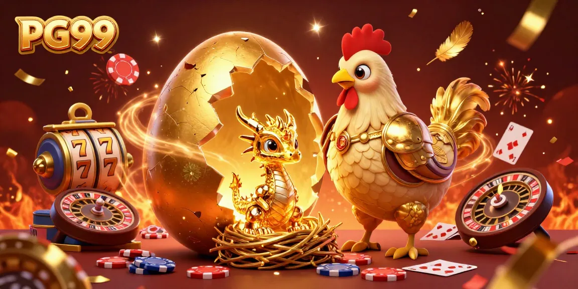 Play with gold-themed PG99 slots, revealing a golden baby dragon amidst festive casino elements.