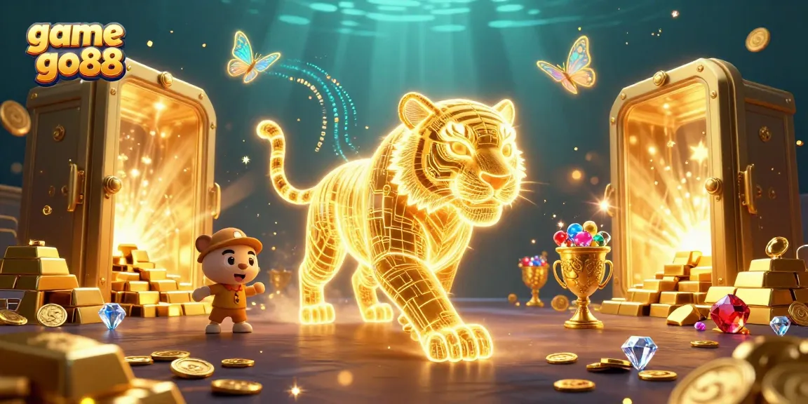 Experience the thrill of game go88 with a vibrant digital casino scene featuring a golden tiger and dazzling treasures.