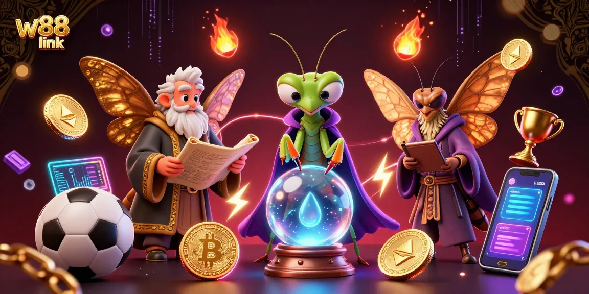 Bet on sports with exclusive w88 link featuring a mystical mantis fortune teller and moth librarian.