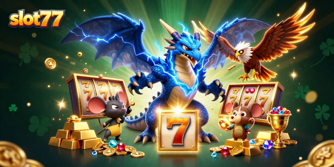 Win big at slot77 with an electrifying jackpot experience featuring dynamic characters and treasures.
