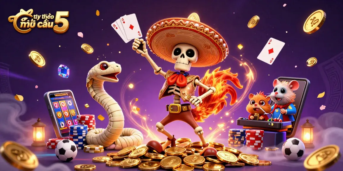 Engage with tỷ lệ kèo nhà cái 5 through a lively illustration of a spirited victory dance amidst golden coins and gaming symbols.