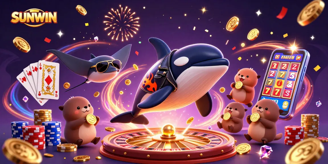 SUNWIN celebrates casino wins with vibrant 3D characters amidst golden coins and gaming elements.