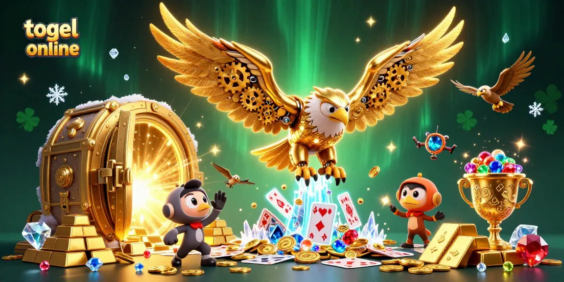 Experience thrilling togel online action with a cybernetic eagle amidst gleaming treasures.