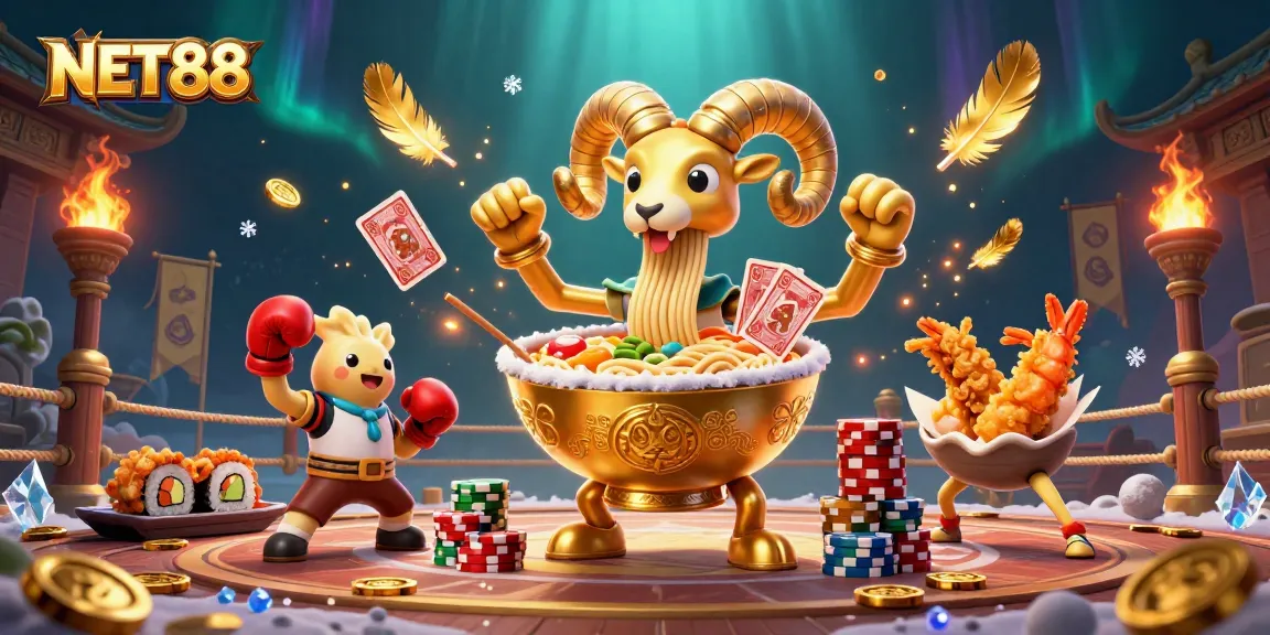 NET88 showcases a vibrant cartoon scene with casino characters and dynamic elements for online gaming.