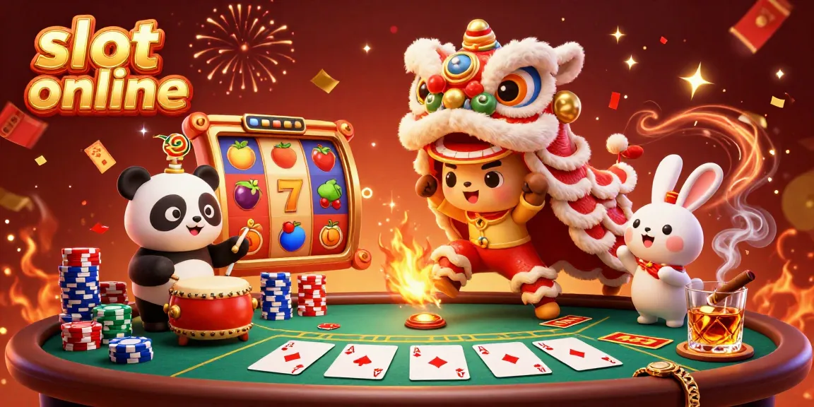 Experience thrilling slot online action with lively characters and festive elements in a vibrant 3D illustration.