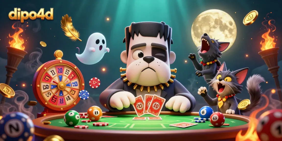 Dive into dipo4d lottery excitement with a lively scene featuring a playful Frankenstein bulldog and magical elements.