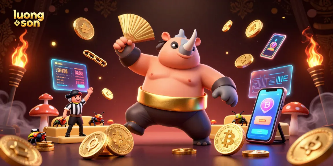 Experience dynamic action with the luong son rhinoceros beetle champion amidst flying coins and vibrant blockchain elements.
