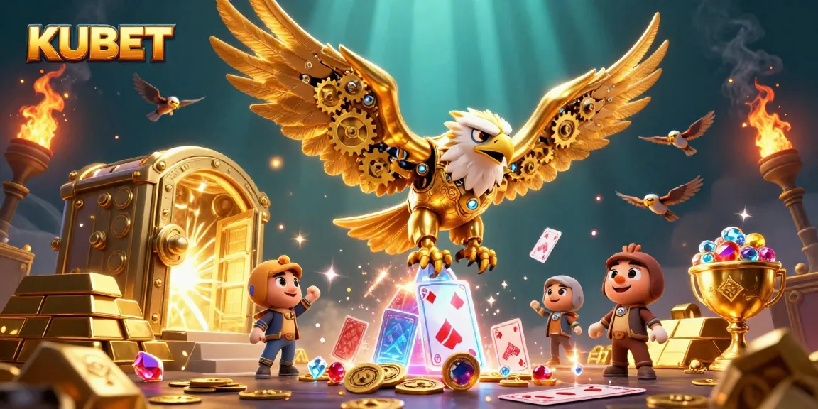 KUBET welcomes players with a vibrant 3D illustration featuring a golden eagle amid cascading playing cards and treasures.