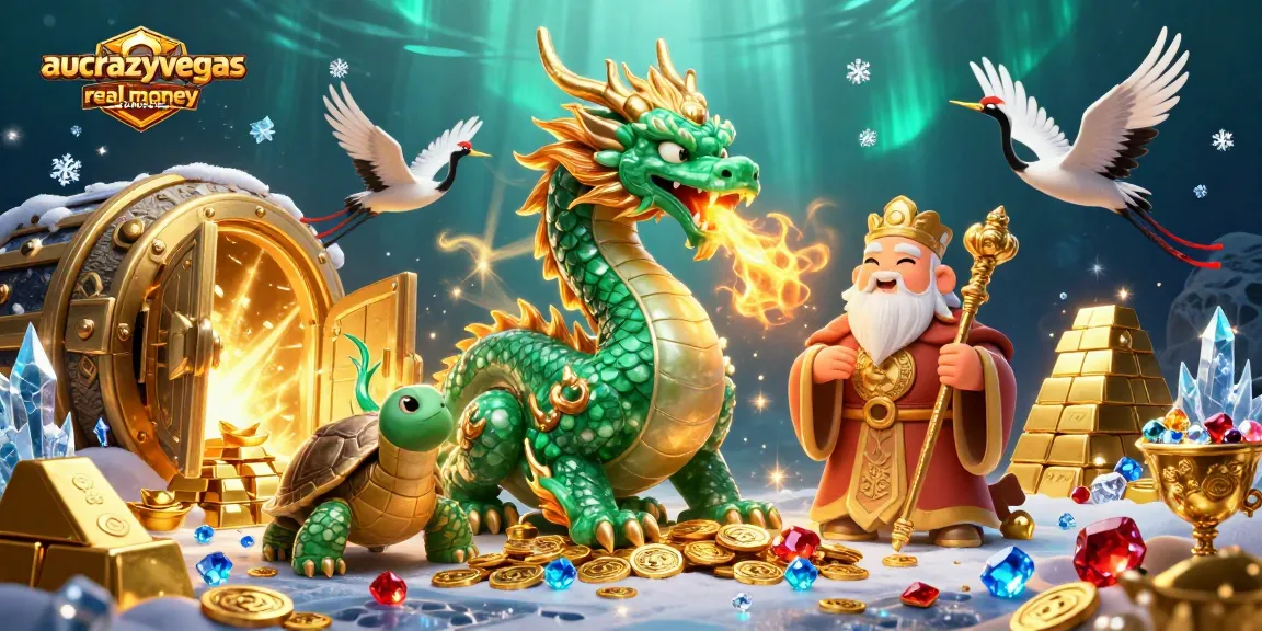 Experience the fantasy of aucrazyvegas real money casinos with a vibrant scene of a jade dragon and treasures, symbolizing winning possibilities.