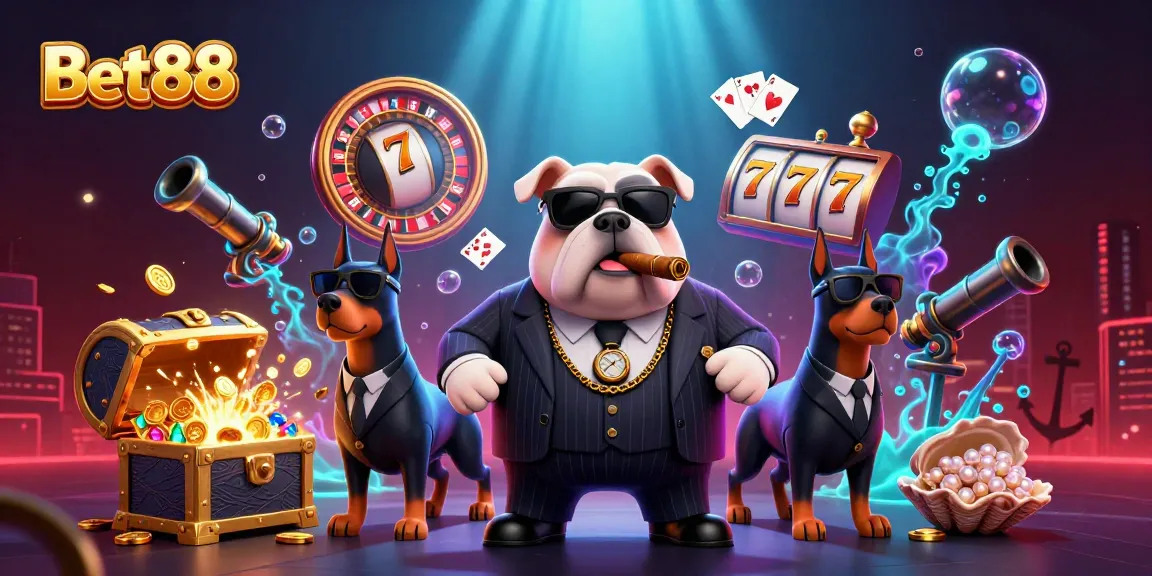 Experience the excitement of Bet88 with cartoon mafia boss bulldog and dynamic casino elements.