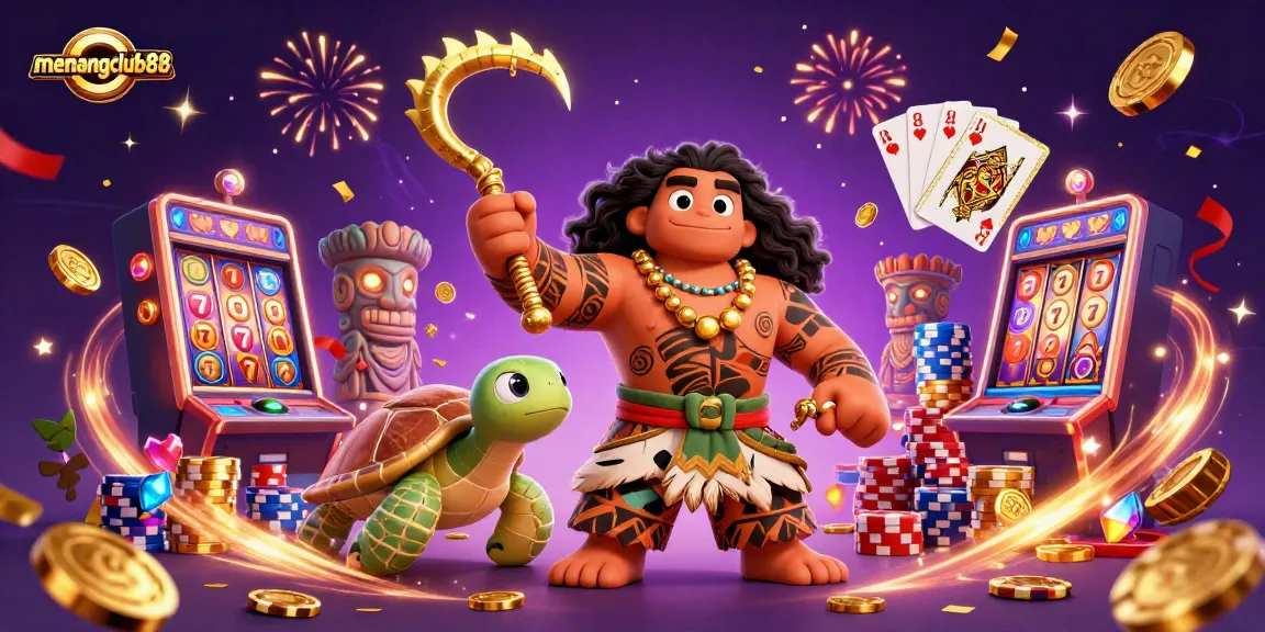 Engage with menangclub88 in this vibrant, dynamic casino illustration showcasing slots, poker, and treasures.