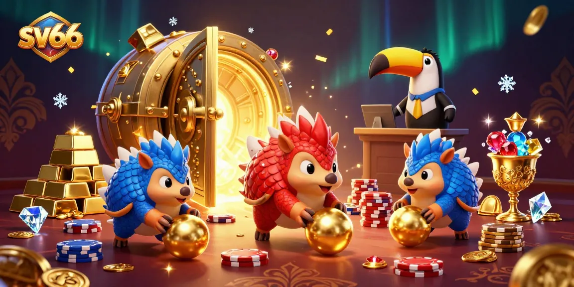 sv66 pangolins compete in a vibrant casino scene filled with golden chips and gems