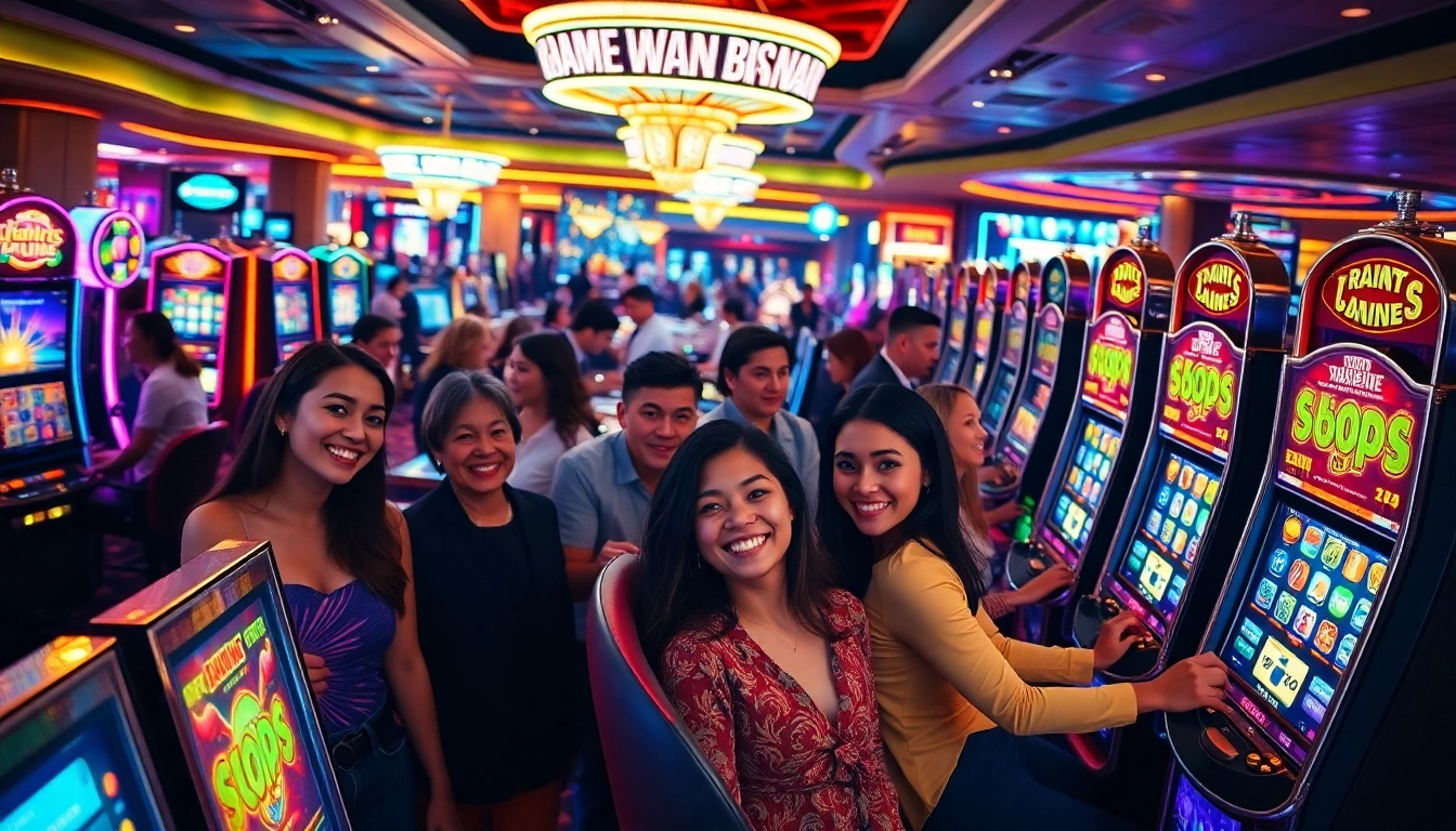 r 777 casino এর খেলোয়াড়রা উজ্জ্বল স্লট মেশিনের সামনে আনন্দ করছে।