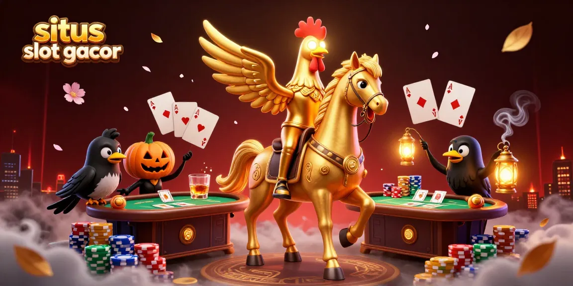 Situs slot gacor showcases a golden rooster and spectral horse in a vibrant casino scene.