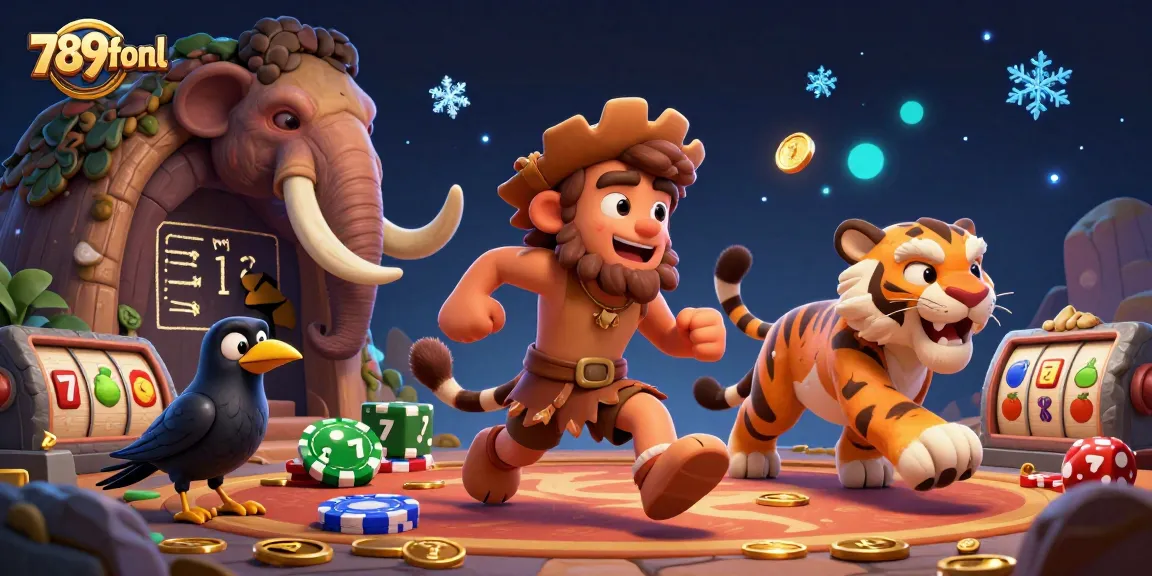 Experience thrilling casino action with 789fonl in a vibrant prehistoric setting featuring cartoon characters and slot games.