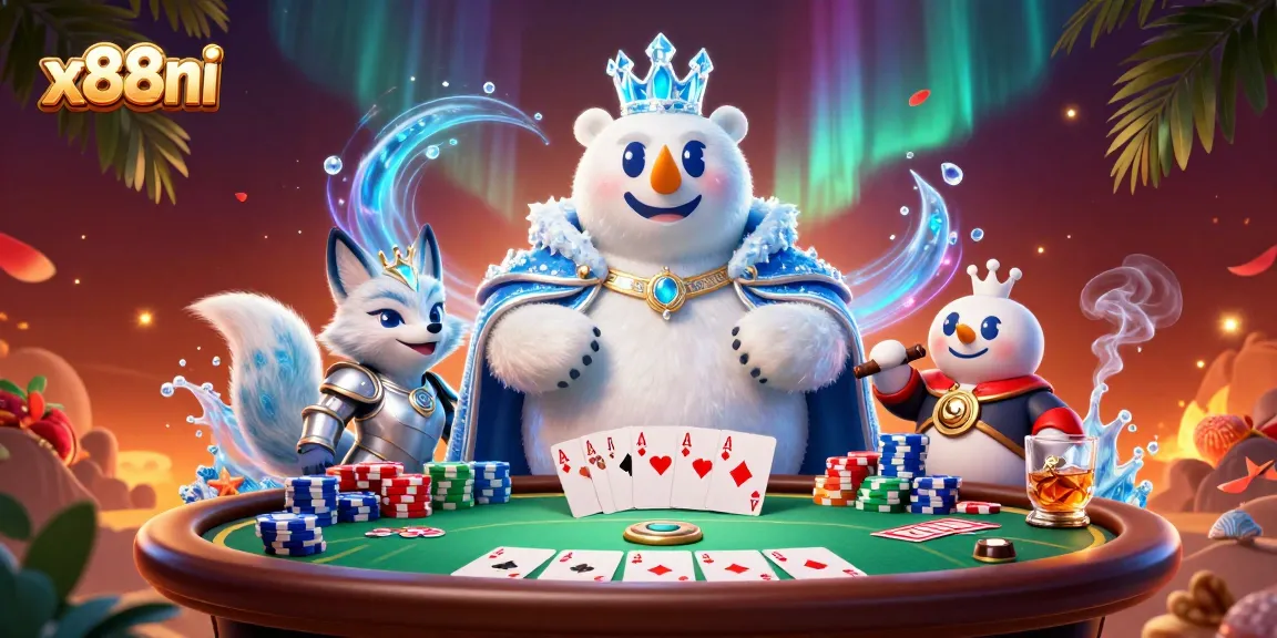 Engage in thrilling poker games at x88ni with the ice king polar bear and snow fox in a dynamic casino scene.