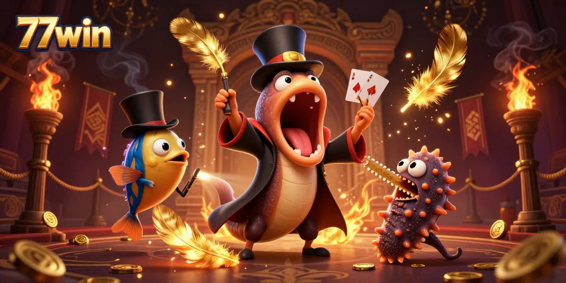 77win players enjoying an epic magic performance with unique underwater characters in a vibrant casino scene