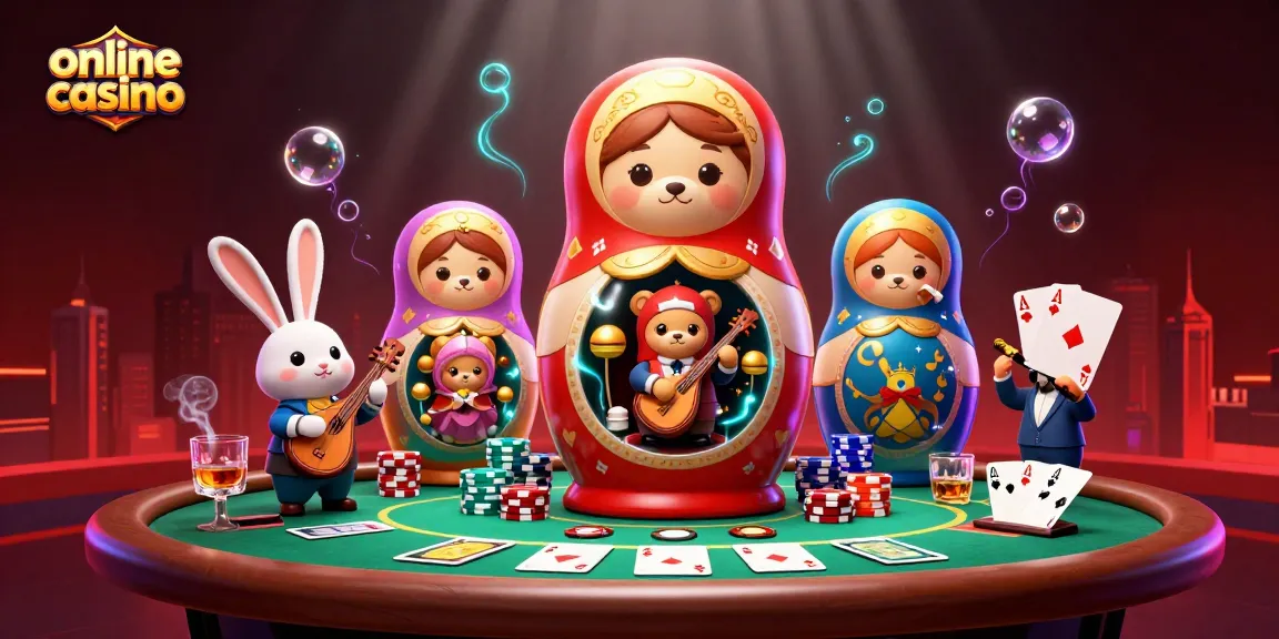 Engaging scene in an online casino with a playful Matryoshka bear and dealer bears.