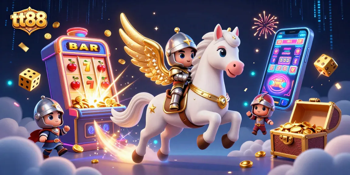 Experience the thrill of tt88 with a lively 3D casino illustration featuring a mystical horse and vibrant game elements.